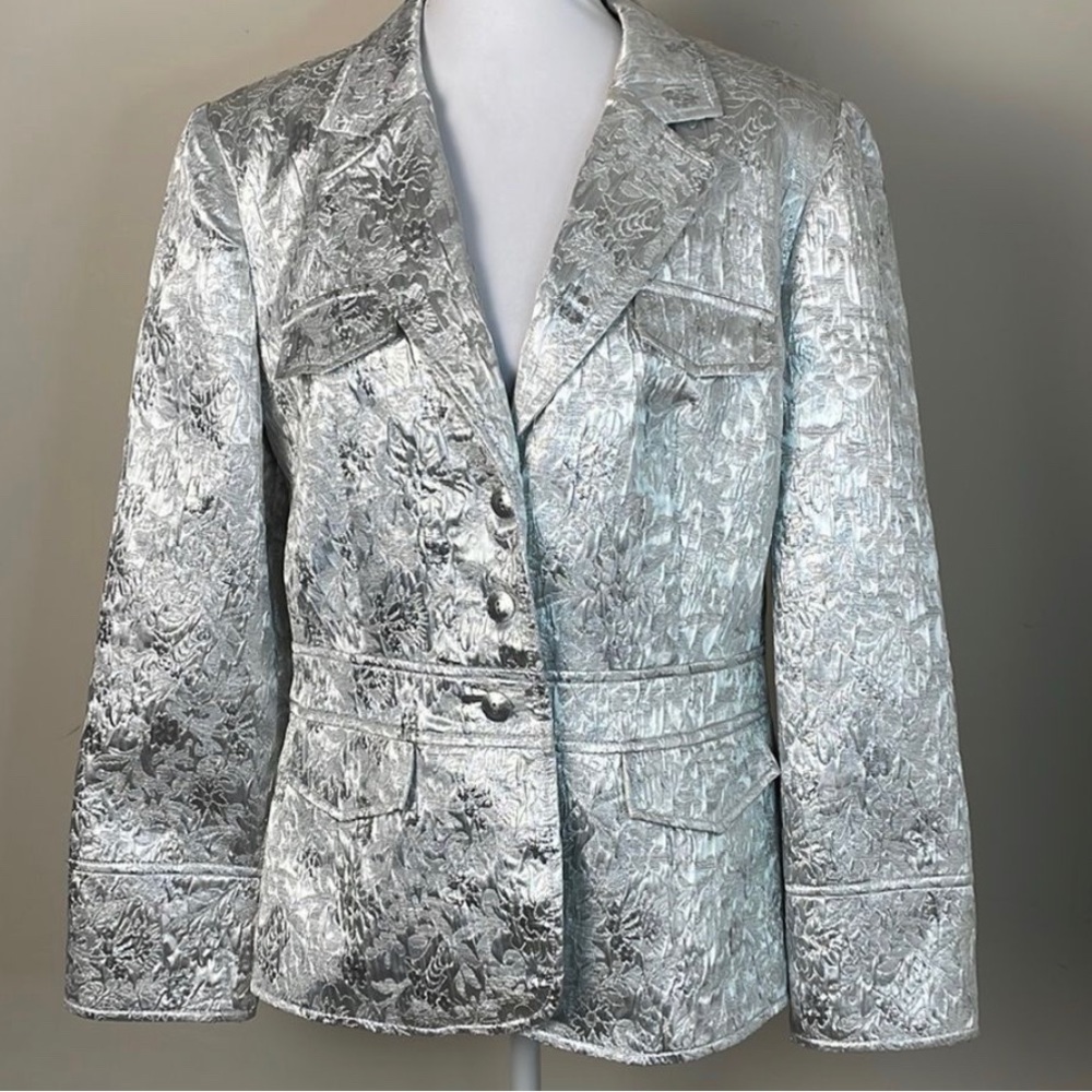 Joseph Ribkoff Silver Metallic Shimmer Quilted Jacket Size 14